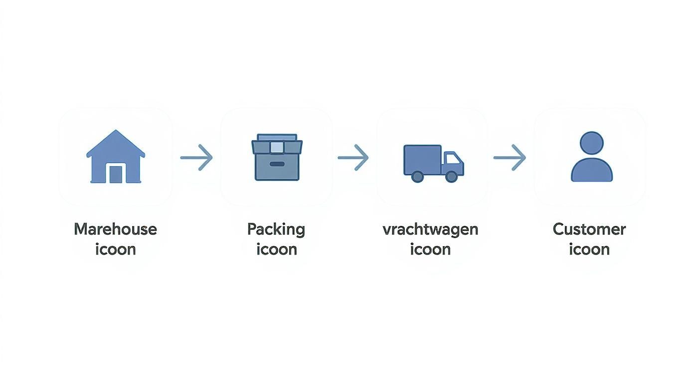 Een diagram dat het leveringsproces van magazijn via verpakking en vrachtwagen naar de klant toont.