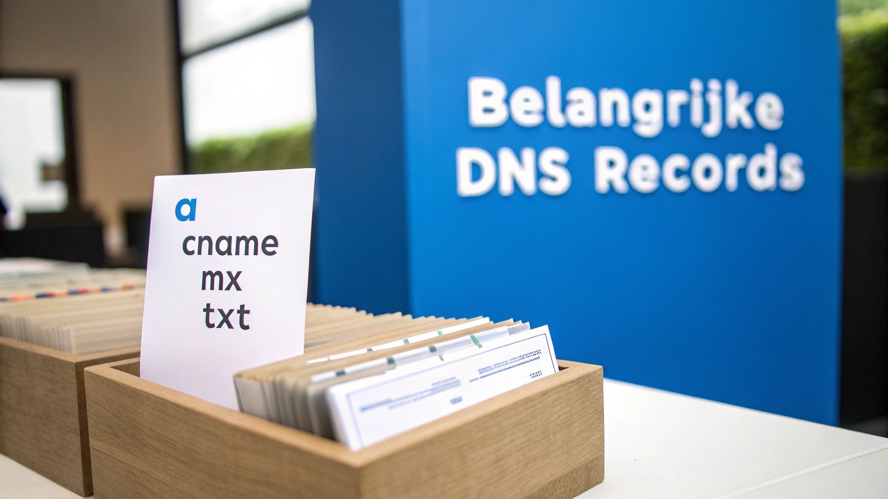 Een close-up van een informatiebord 'Belangrijke DNS Records' met een kaart die veelvoorkomende DNS-recordtypen toont.