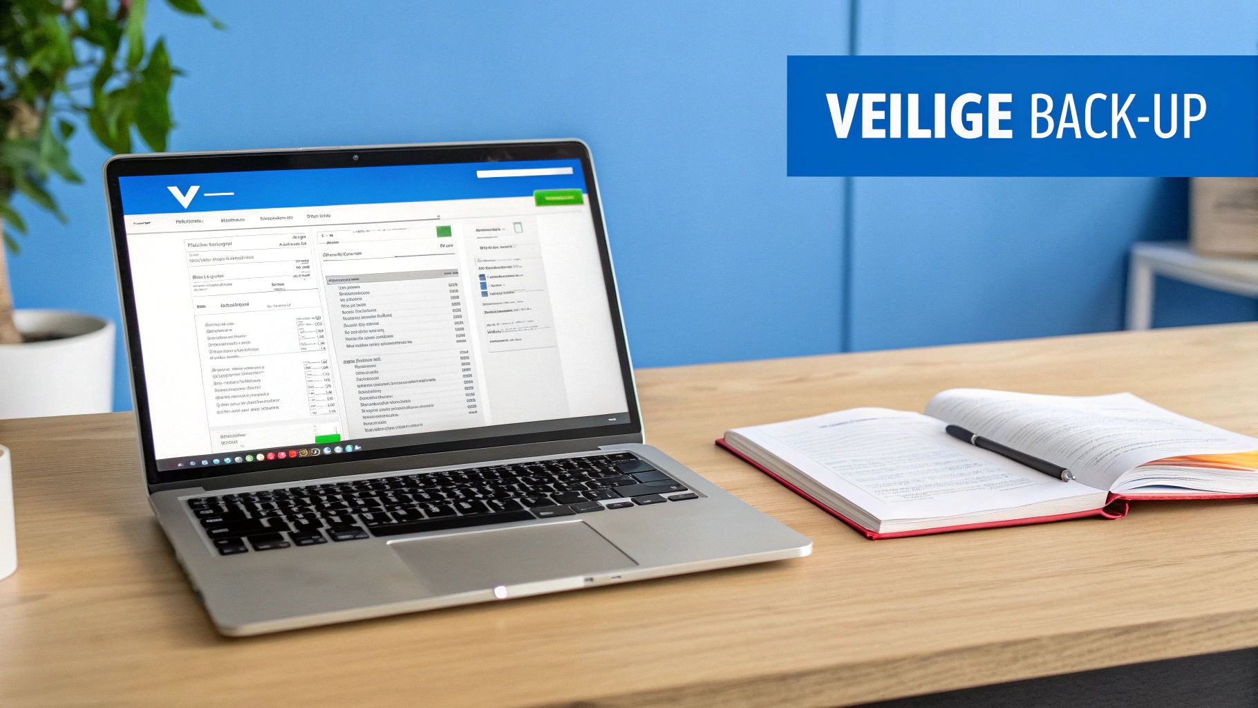 Een laptop op een houten bureau toont een software-interface, naast een open notitieboekje. Op de muur staat 'VEILIGE BACK-UP'.