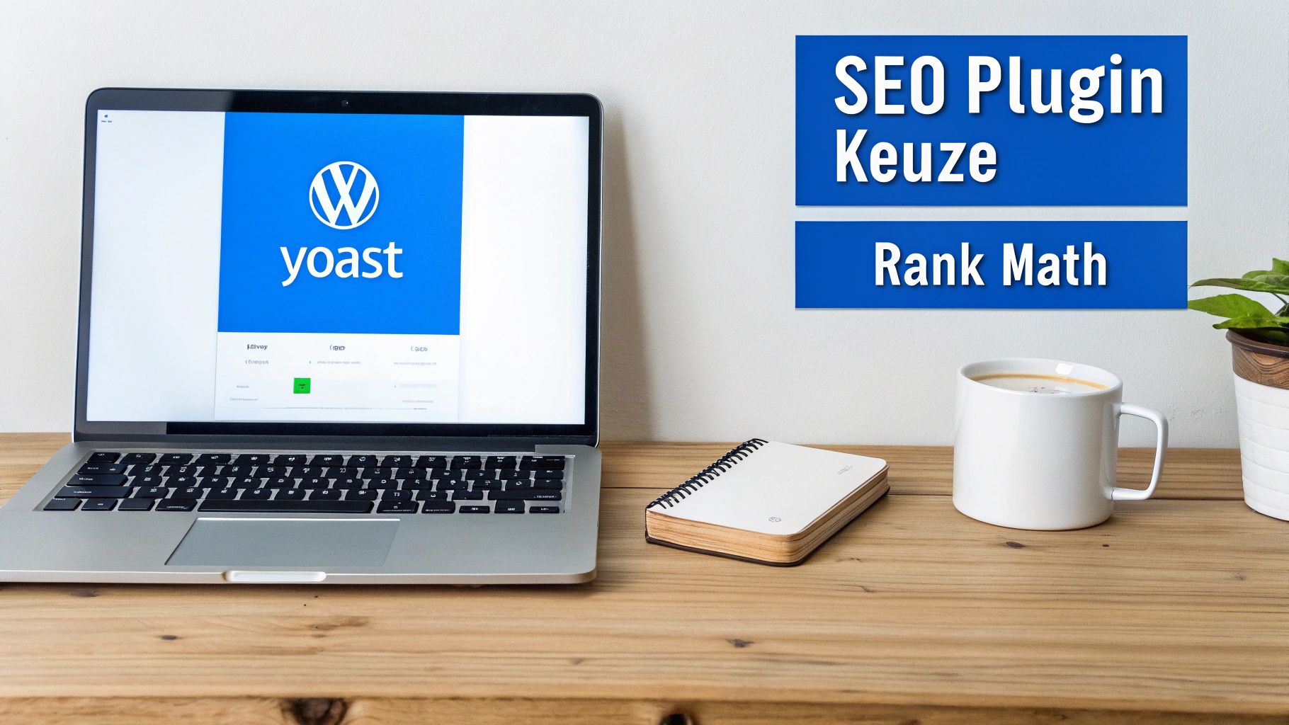 Laptop met Yoast logo en de tekst 'SEO Plugin Keuze' en 'Rank Math' op een bureau.
