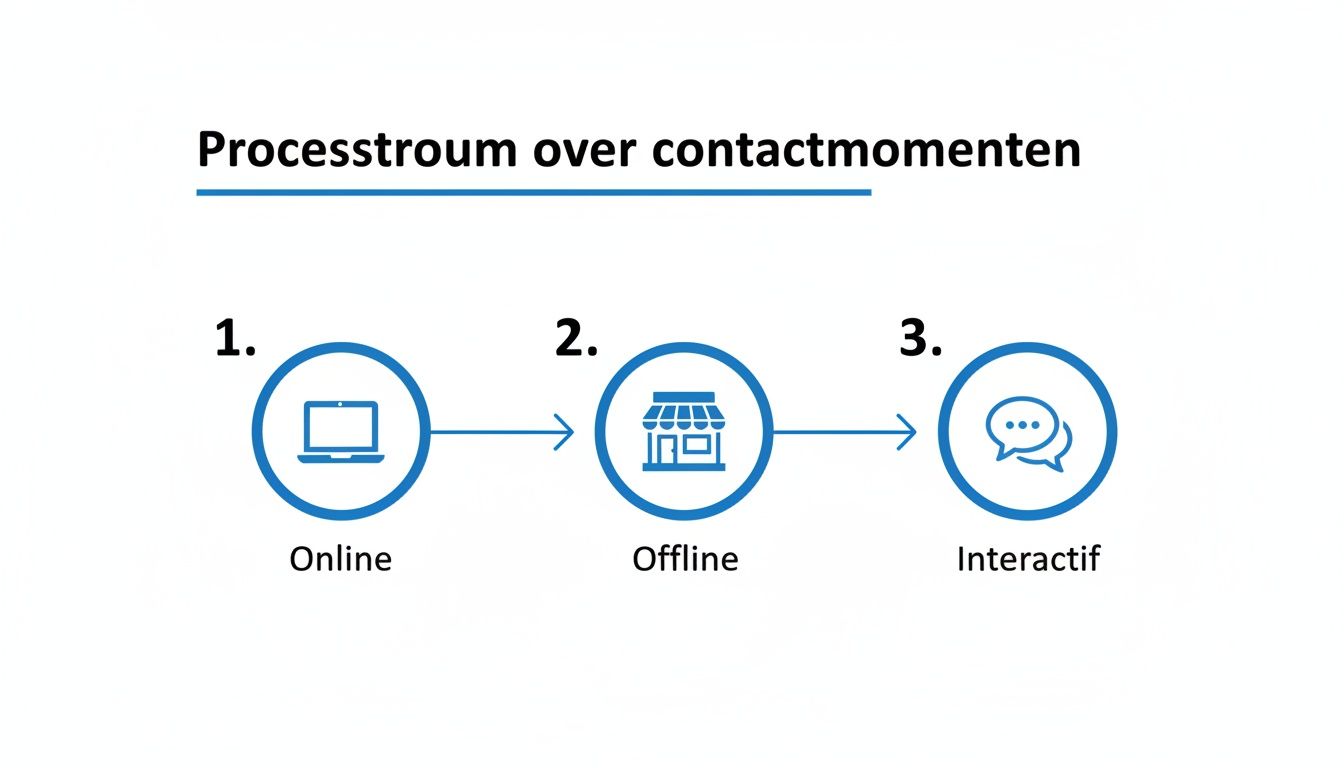 Processtroomdiagram van klantcontactmomenten: online, offline en interactief, met bijbehorende iconen en nummering.