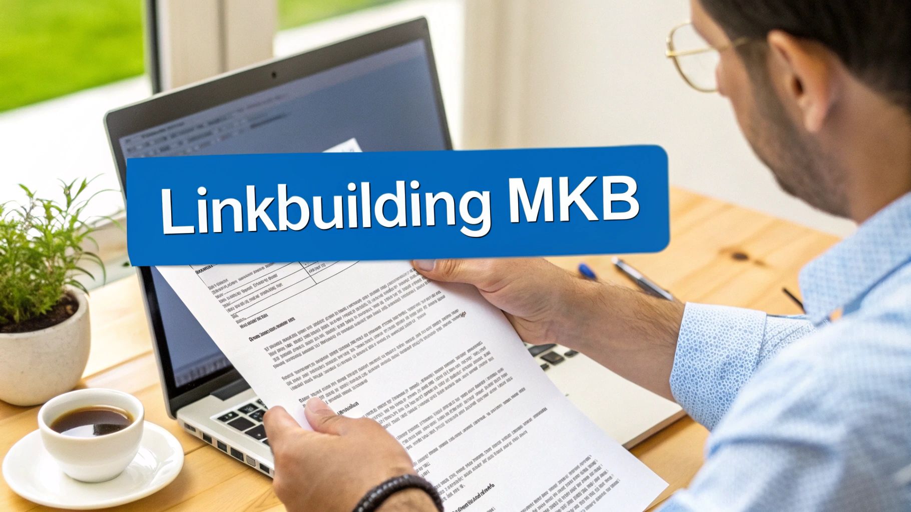 Een man leest aandachtig een document aan een bureau, met een laptop, kopje koffie en de tekst 'Linkbuilding MKB'.