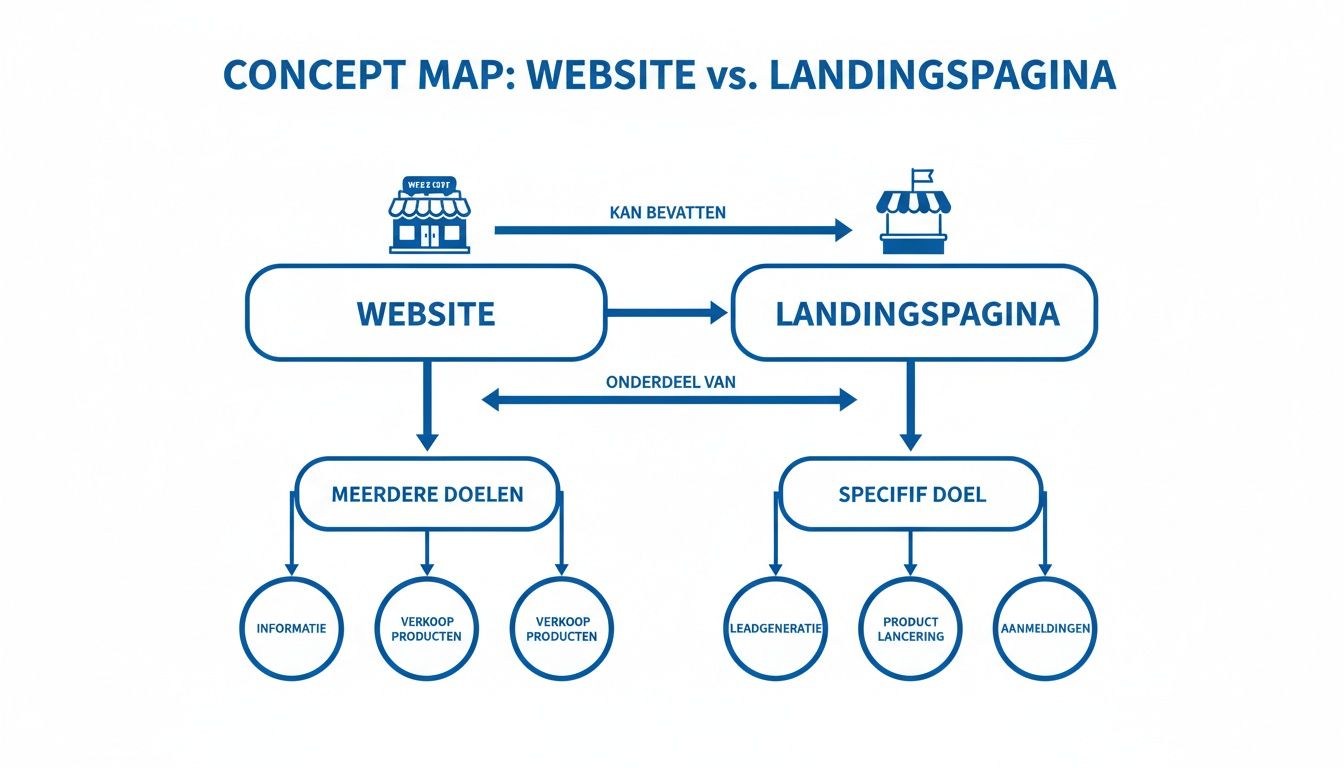 Conceptmap die de verschillen en relaties tussen een website en een landingspagina uitlegt, inclusief hun diverse doelen.