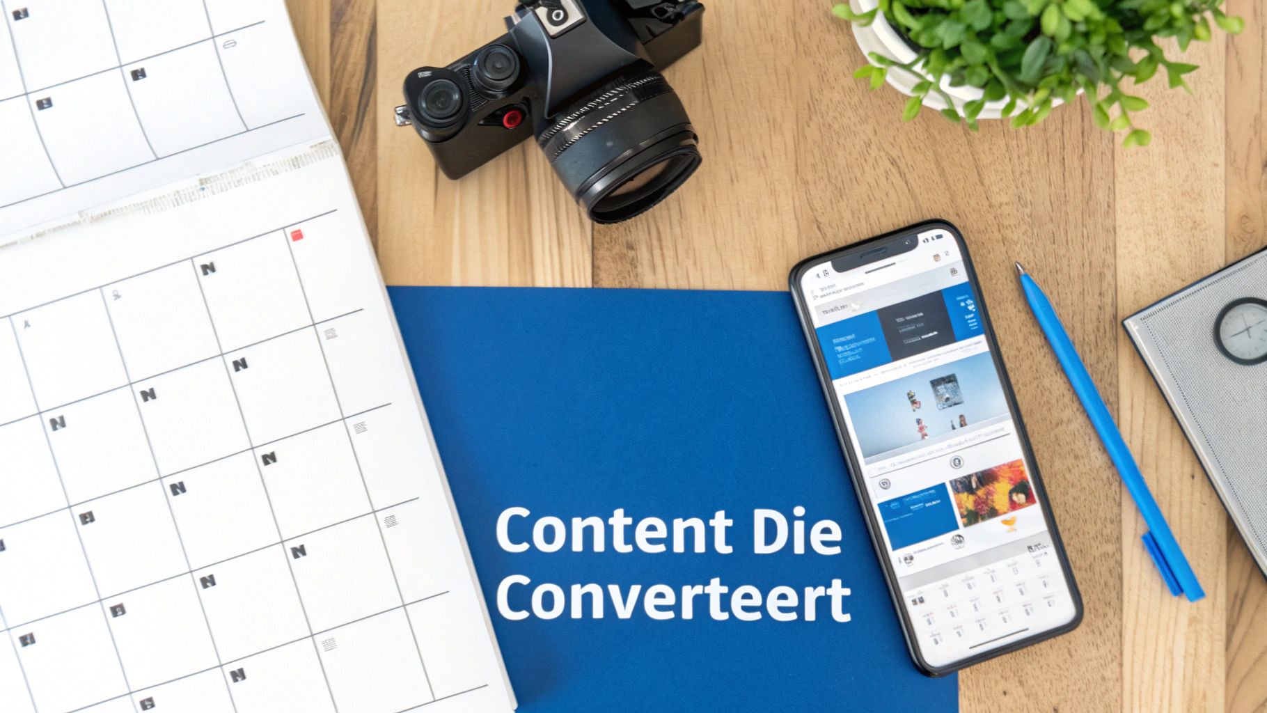 Een bovenaanzicht van een bureau met een open kalender, camera, smartphone en blauwe map met de tekst 'Content Die Converteert'.