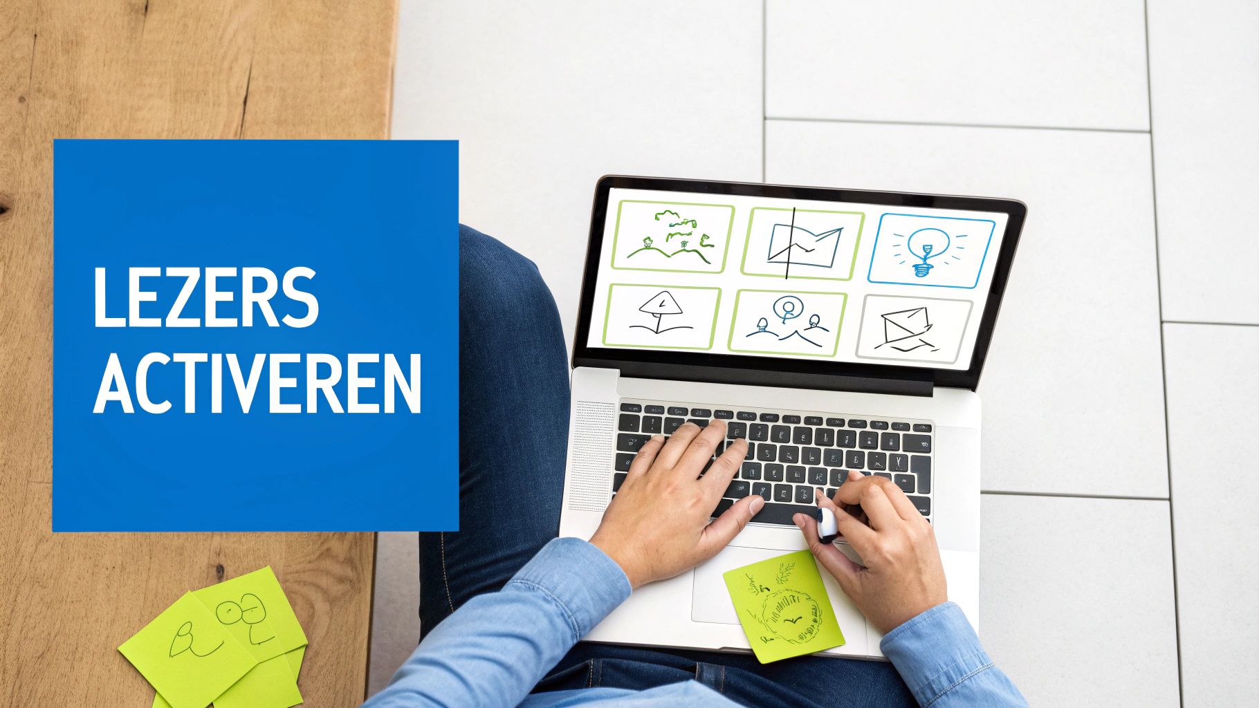 Een persoon werkt op een laptop met visuele concepten op het scherm en de tekst 'LEZERS ACTIVEREN' op een blauw vlak.
