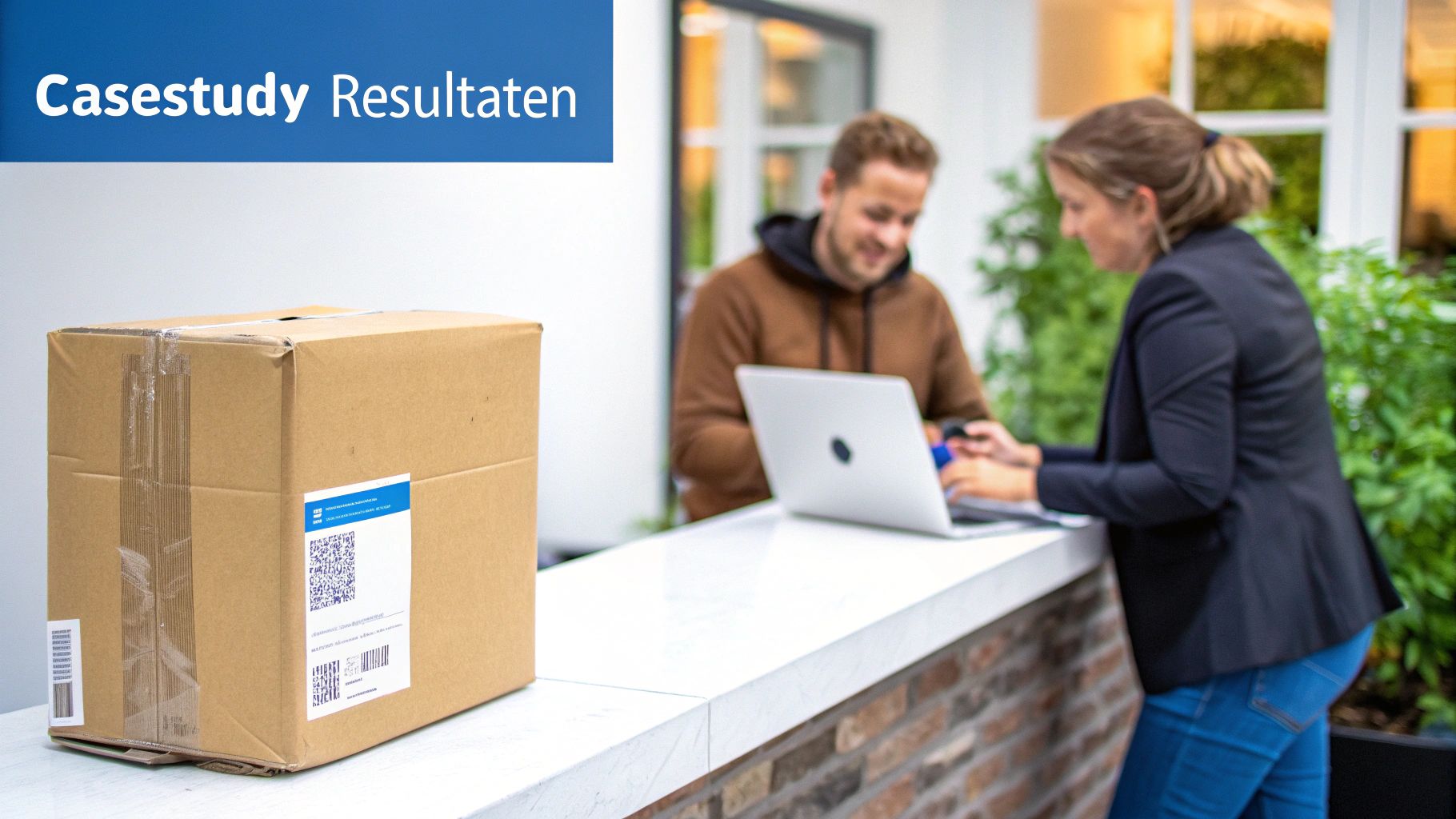 Een kartonnen doos met label op een balie, met mensen die werken aan laptops in een kantooromgeving.