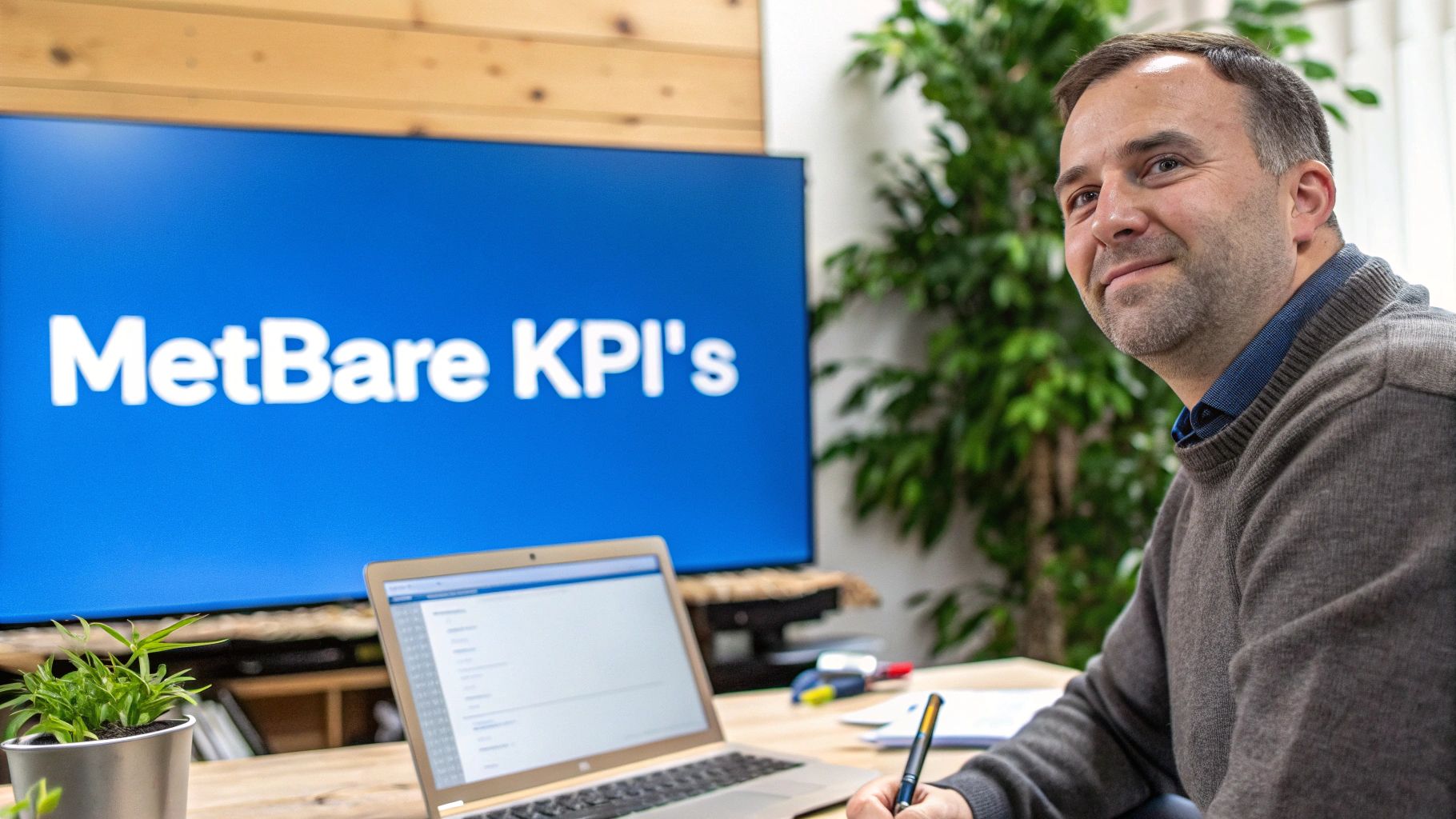 Een glimlachende man zit aan een bureau met een laptop, terwijl een groot scherm 'MetBare KPI's' toont.