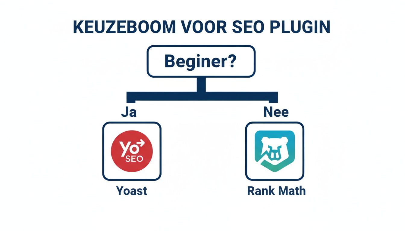 Een keuzehulp voor SEO plugins, waarin beginners Yoast aanbevolen krijgen en niet-beginners Rank Math.