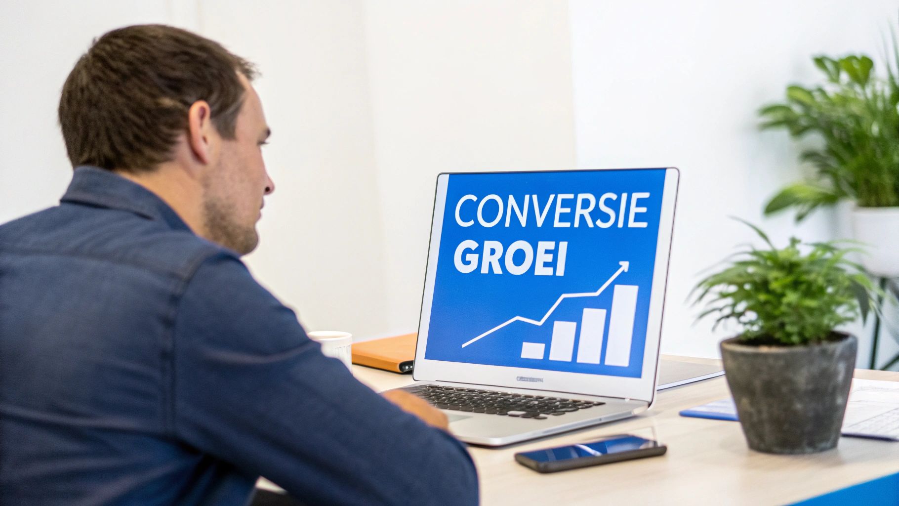 Man kijkt naar laptop met 'Conversie Groei' en een stijgende grafiek op het scherm.