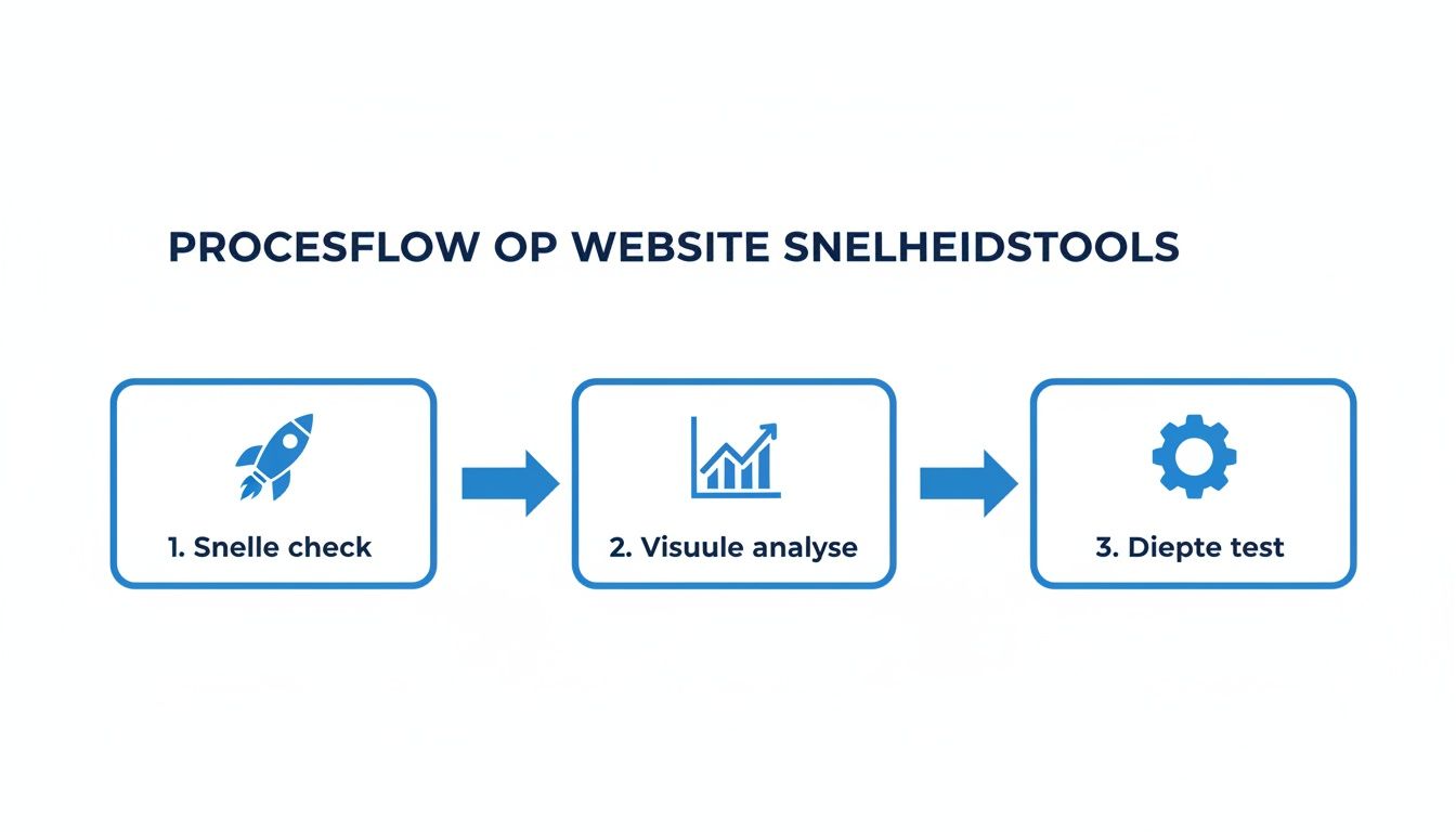 Procesflow met stappen voor het testen van websitesnelheid: snelle check, visuele analyse en diepte test.