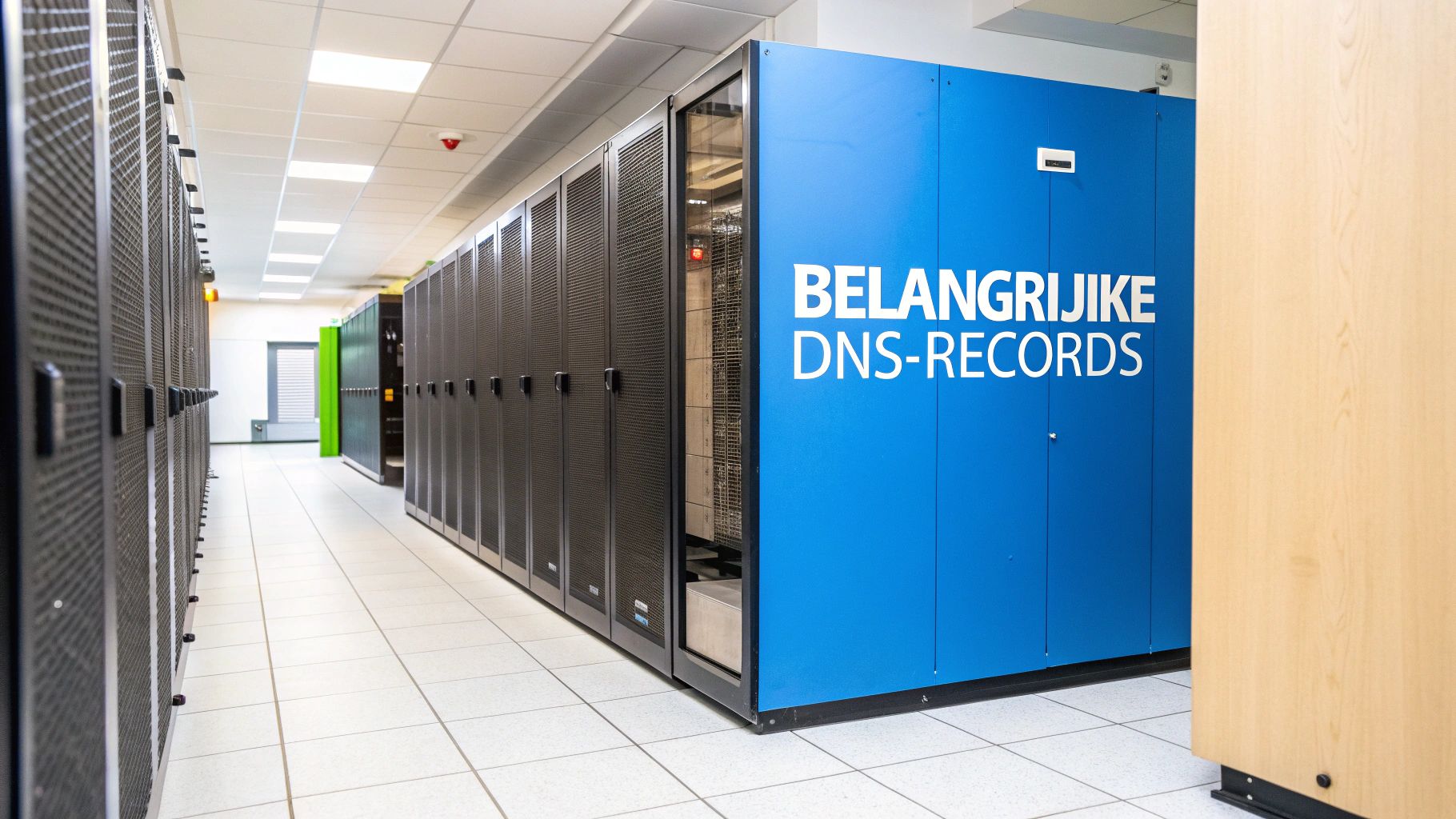 Data center met serverracks en een opvallende blauwe kast met DNS-informatie.