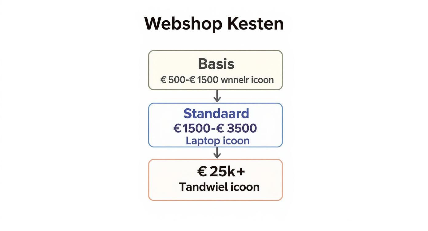 Stroomschema webshop kosten. Drie niveaus: Basis (€500-€1500), Standaard (€1500-€3500) en een high-end optie (€25k+).