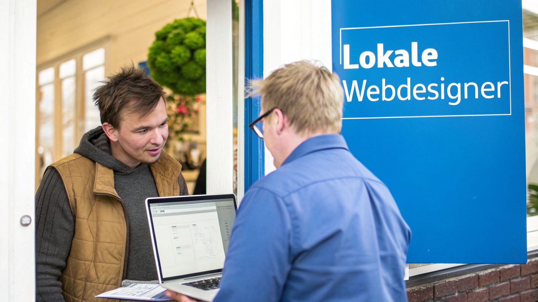 Twee mannen bespreken webdesign op een laptop bij een blauw bord met 'Lokale Webdesigner'.