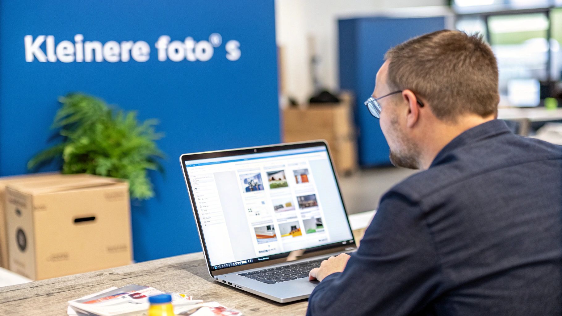 Man werkt op laptop met afbeeldingen op het scherm, blauwe muur met tekst "Kleinere foto's".