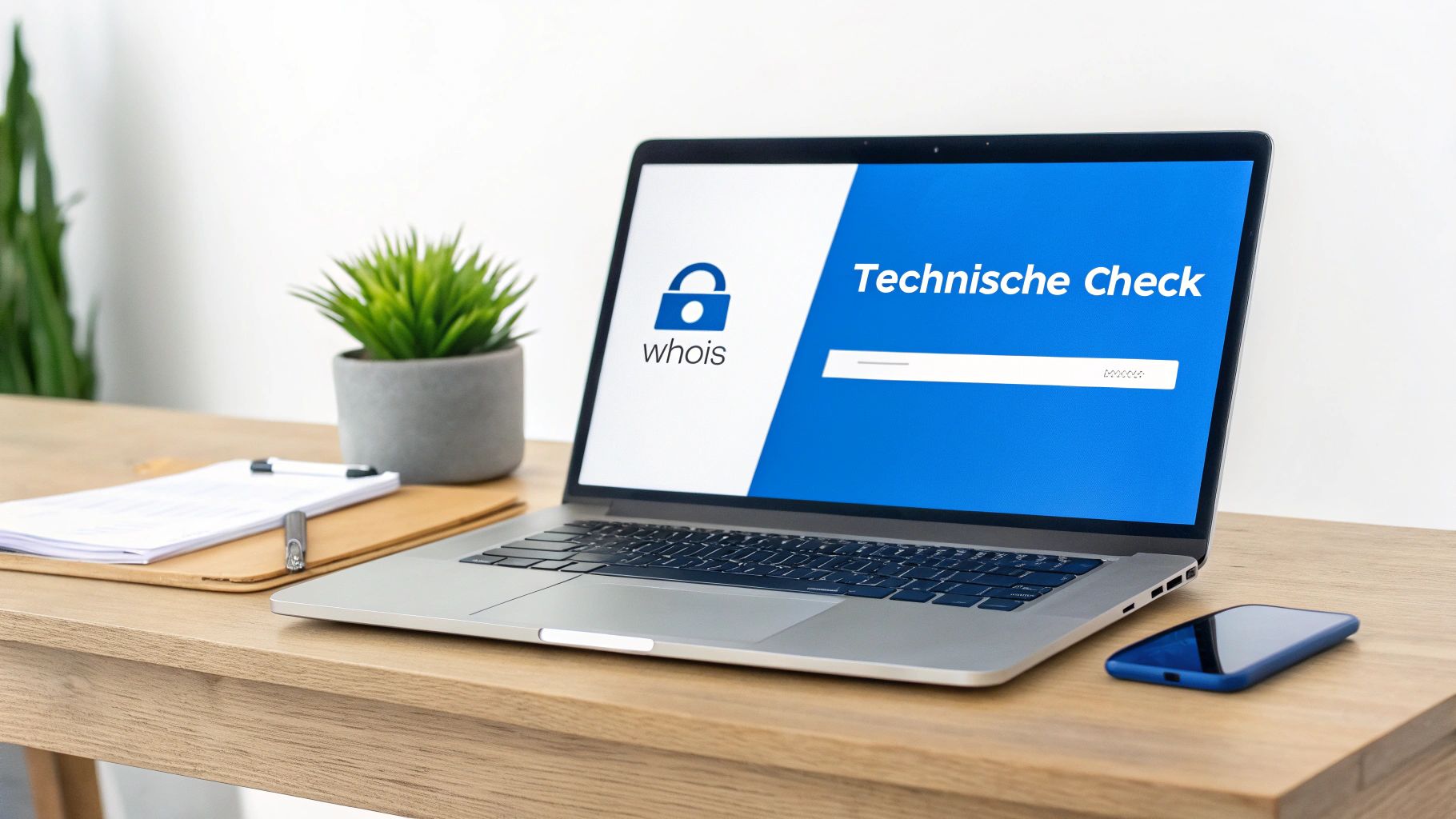 Laptop op een houten bureau met 'whois' en 'Technische Check' op het scherm, naast een plant en telefoon.