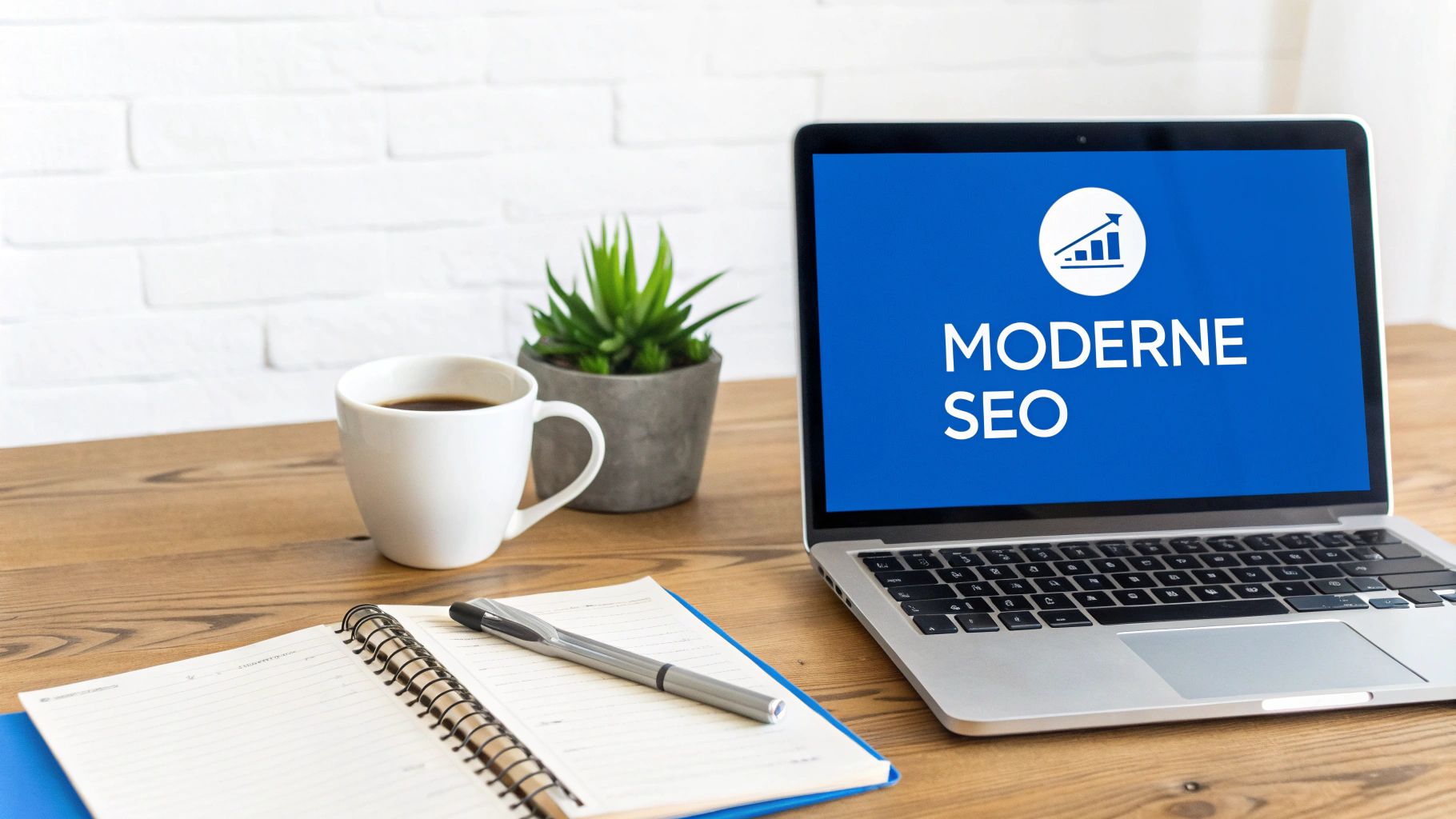 Een laptop toont 'Moderne SEO' en een grafiek op een houten bureau met koffie, plant en notitieboekje.