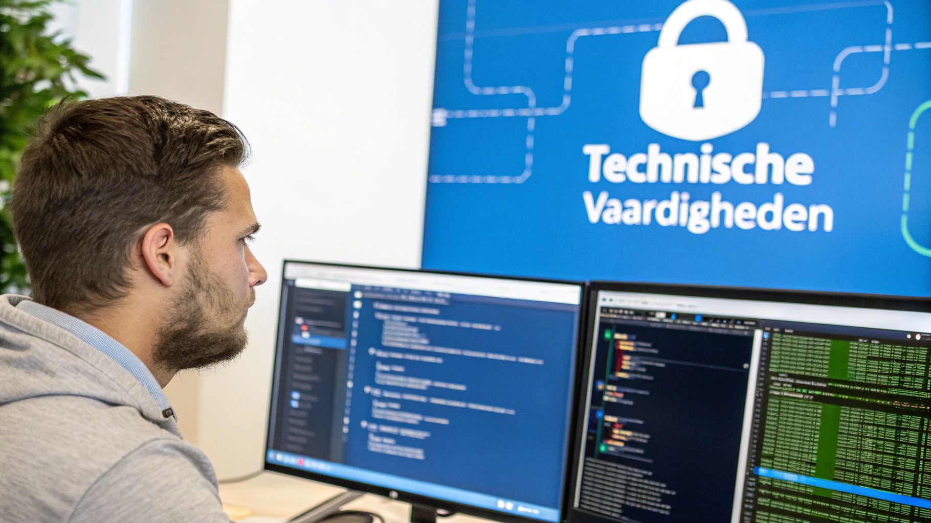 Man kijkt geconcentreerd naar twee computerschermen vol met code. Op de achtergrond een blauwe banner met een slotje en de tekst 'Technische Vaardigheden'.