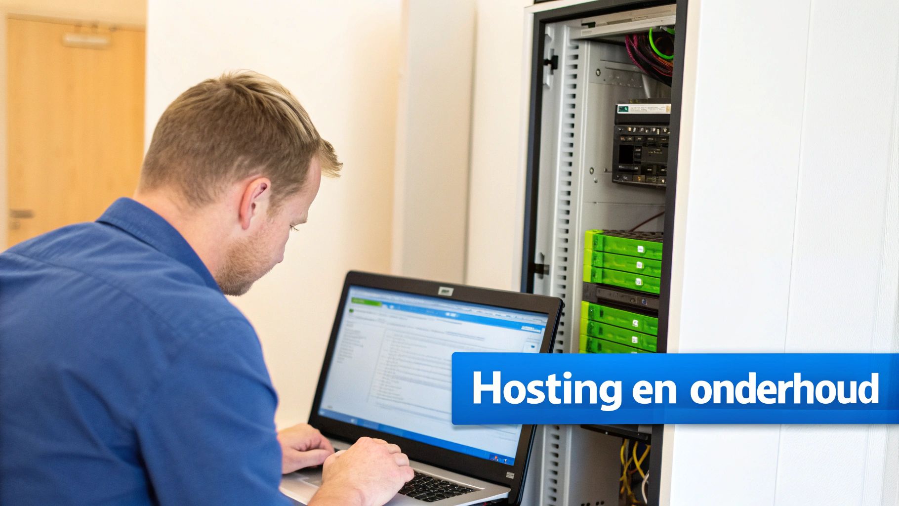 Een man werkt op een laptop naast een serverkast, met de tekst 'Hosting en onderhoud' in beeld.
