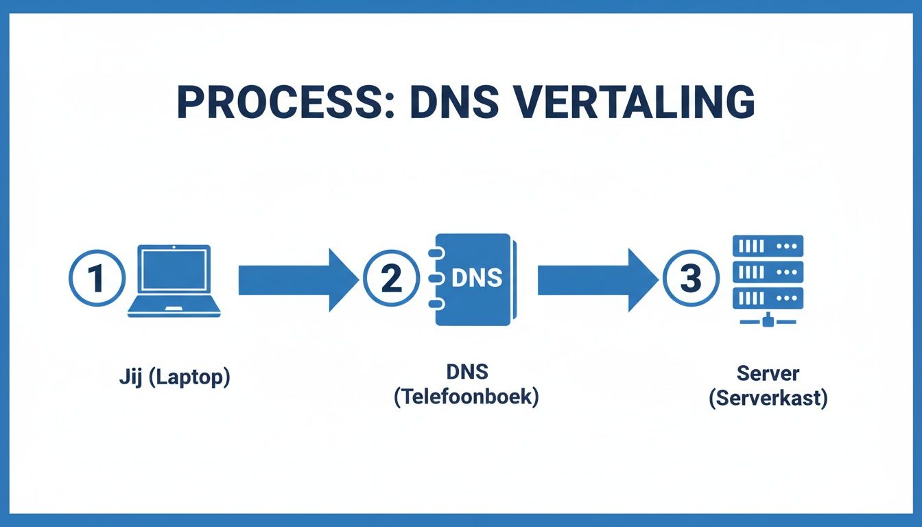 Illustratie van het DNS vertalingsproces: een laptop die via DNS (telefoonboek) een server (serverkast) bereikt.