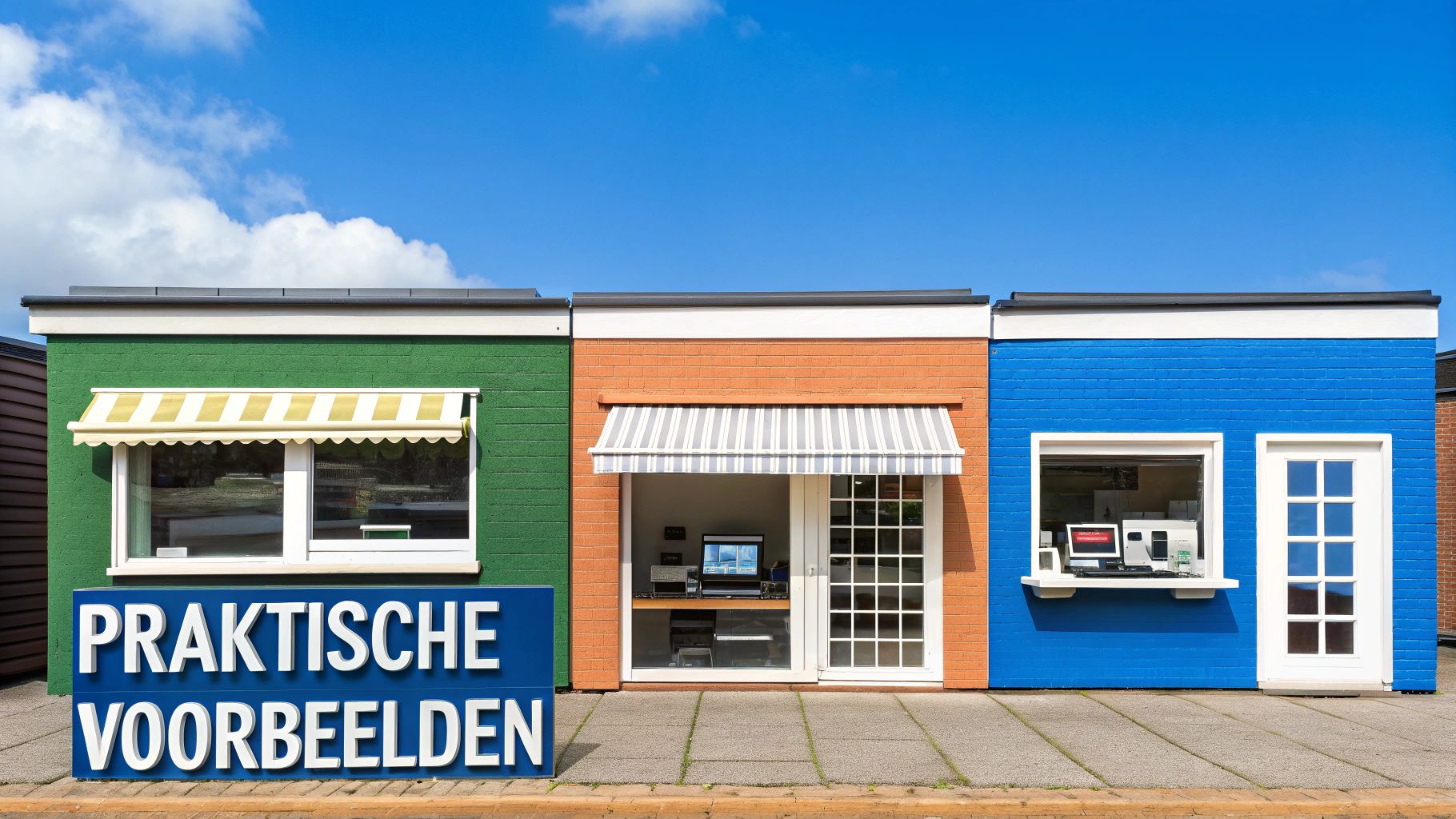 Drie kleurrijke gebouwen met luifels en ramen, en een blauw bord met de tekst 'PRAKTISCHE VOORBEELDEN' ervoor.