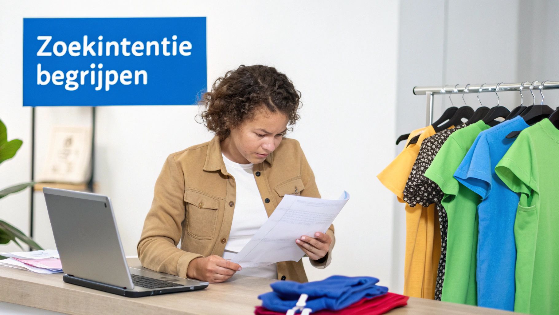 Een persoon bestudeert documenten aan een bureau met een laptop en een bord 'Zoekintentie begrijpen'.