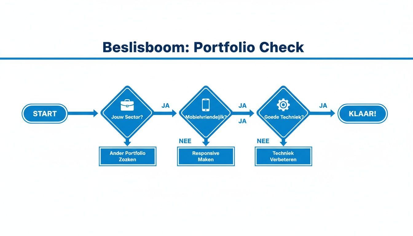 Flowchart 'Beslisboom: Portfolio Check' toont stappen voor het controleren van een portfolio, inclusief criteria voor sector, mobilvriendelijkheid en techniek.