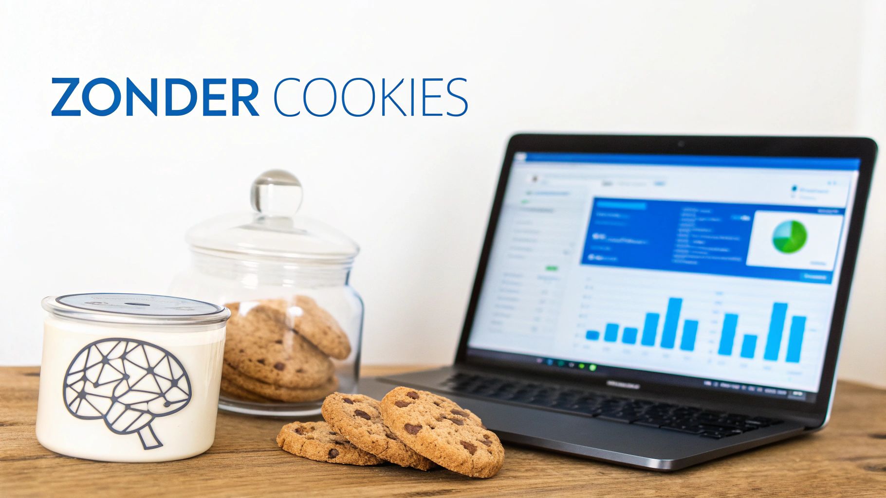 Een laptop met analytics, een glazen pot met koekjes, en de tekst 'ZONDER COOKIES' op een houten tafel.