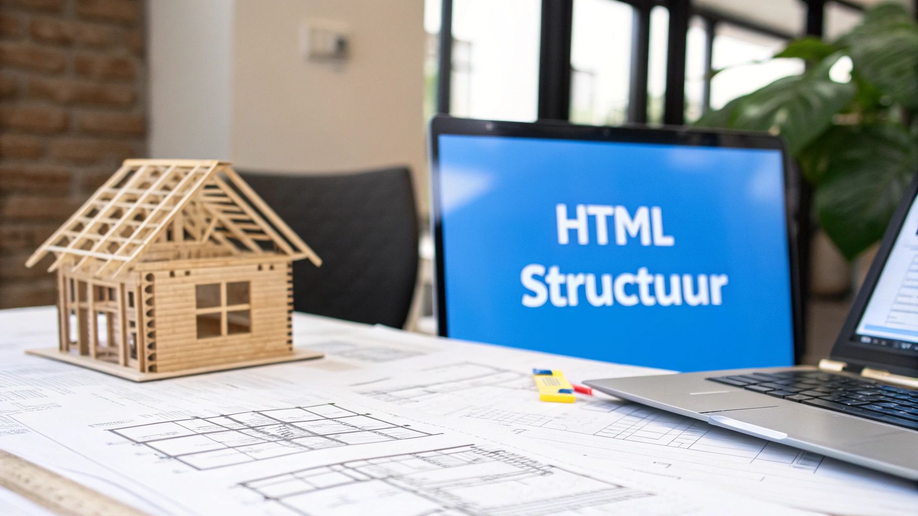 Een houten modelhuis op bouwtekeningen met laptops, waarvan één 'HTML Structuur' toont.