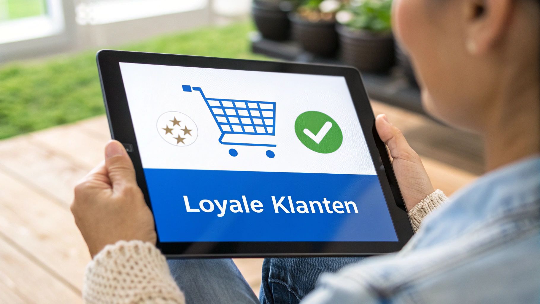 Een persoon houdt een tablet vast met daarop een winkelwagen, een vinkje en de tekst 'Loyale Klanten'.