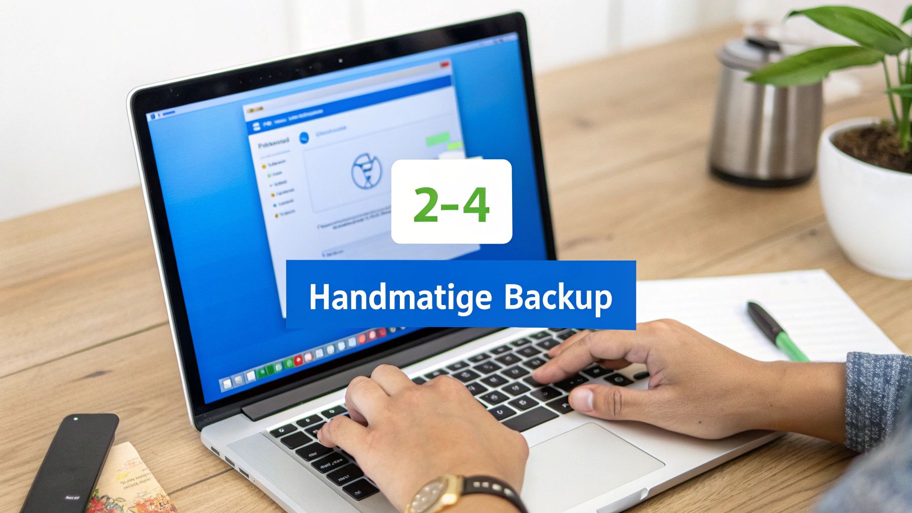 Persoon typt op laptop met backup software op het scherm, met 'Handmatige Backup' overlay.