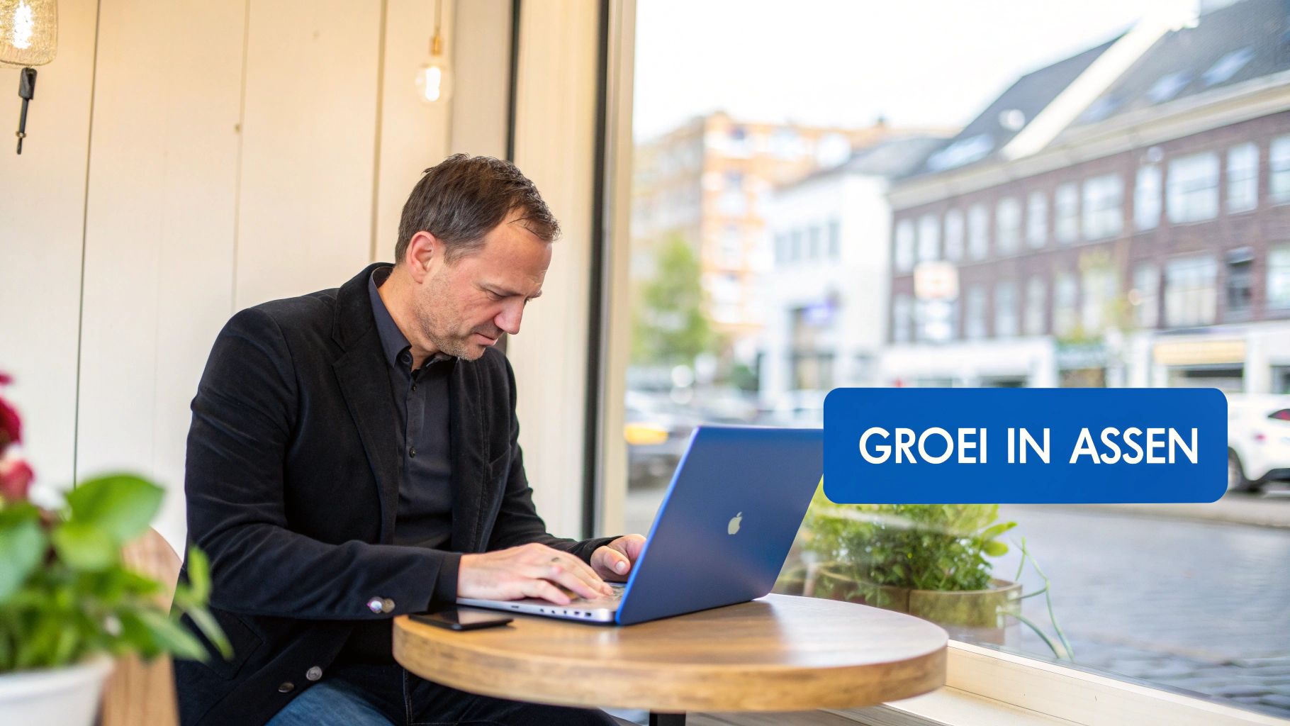 Man werkt geconcentreerd op een blauwe laptop aan een tafel in Assen, met 'GROEI IN ASSEN' in beeld.