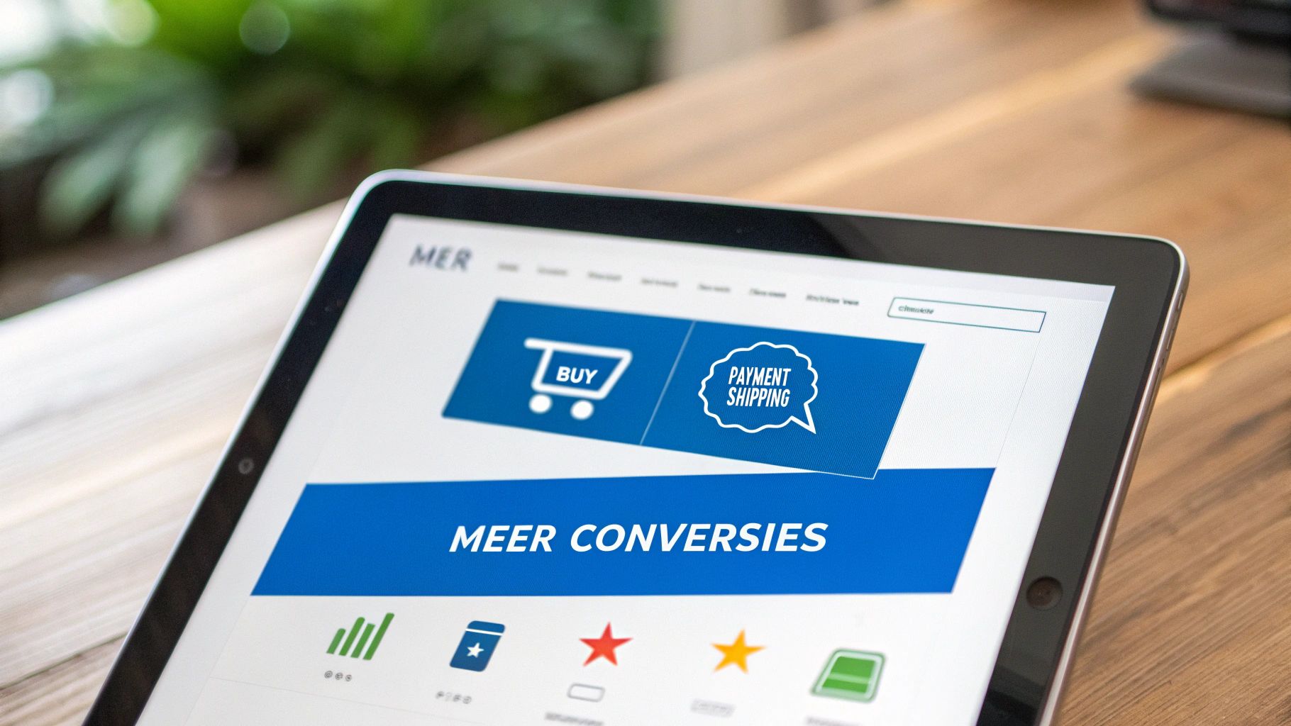 Tablet toont een webshop interface met een 'BUY' winkelwagen en 'PAYMENT SHIPPING' icoon, en de tekst 'MEER CONVERSIES'.