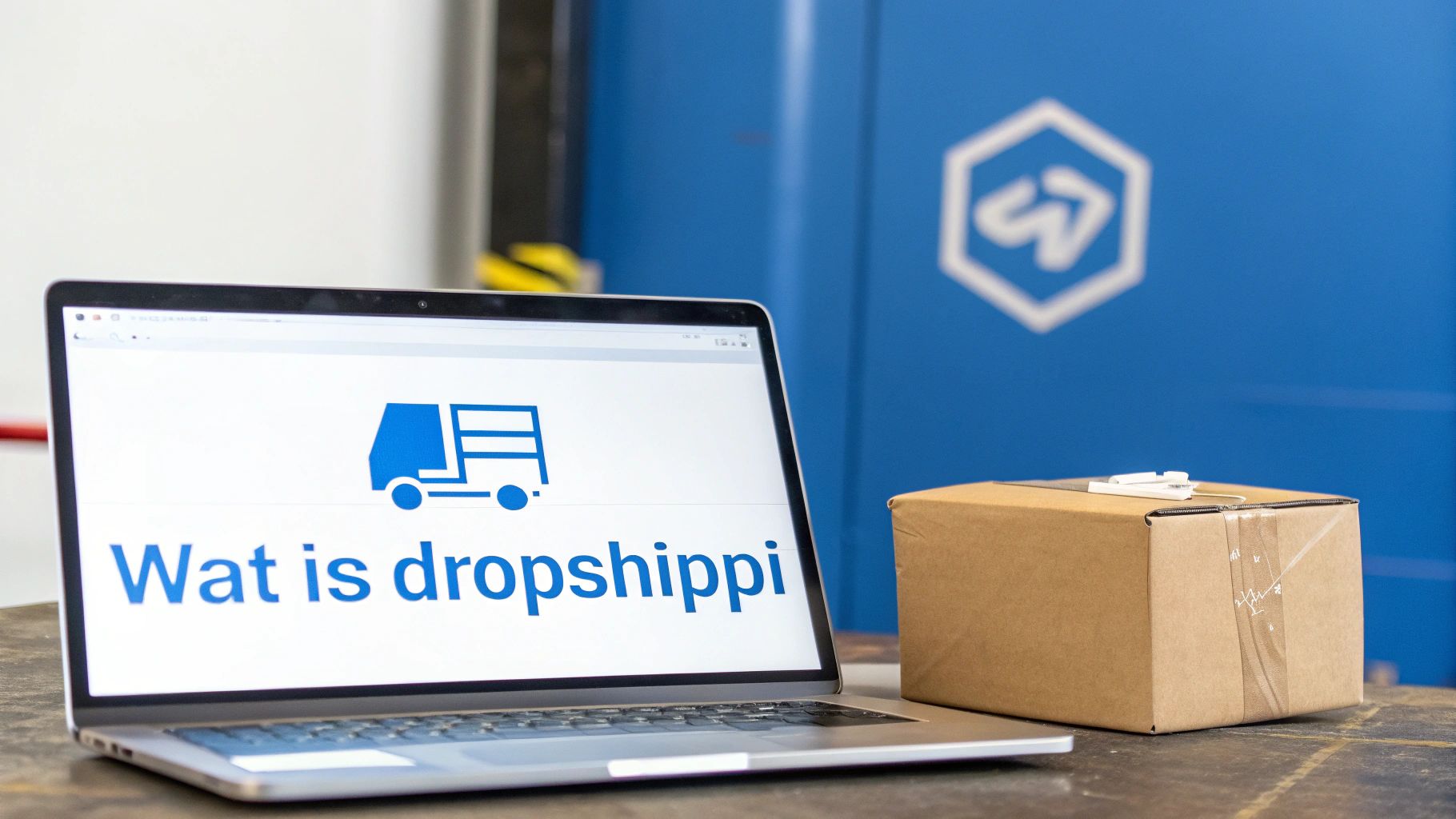 Laptop toont 'Wat is dropshippi' met vrachtwagenicoon en een kartonnen doos ernaast, gerelateerd aan dropshipping.