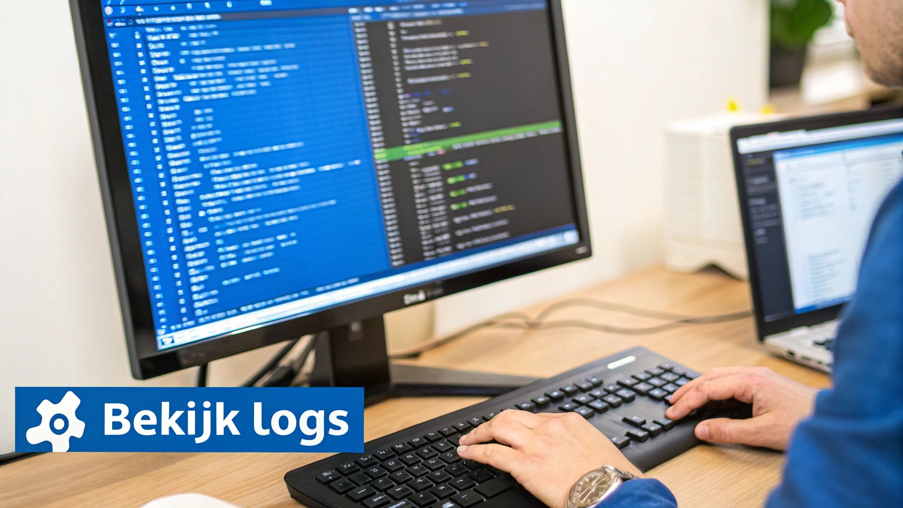 Een persoon die op een computer codeert, met een 'Bekijk Logs' knop op de voorgrond.
