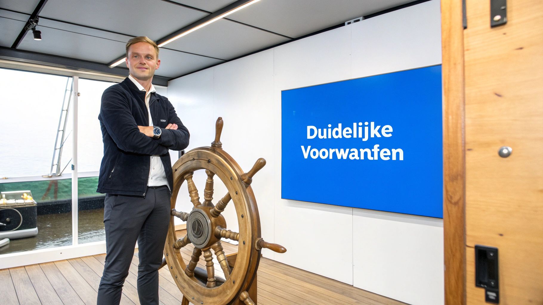 Man staat glimlachend naast een scheepsroer, met een blauw scherm dat 'Duidelijke Voorwaarden' toont.