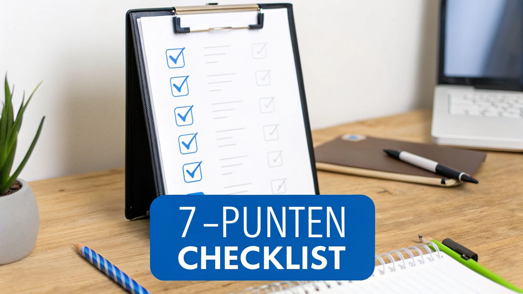 Een klembord met een 7-punten checklist op een bureau met een laptop, plant en schrijfwaren.