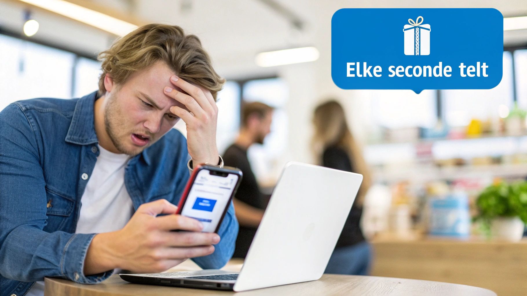 Jonge man kijkt gefrustreerd naar zijn telefoon, terwijl een laptop openstaat en een bubbel zegt 'Elke seconde telt'.
