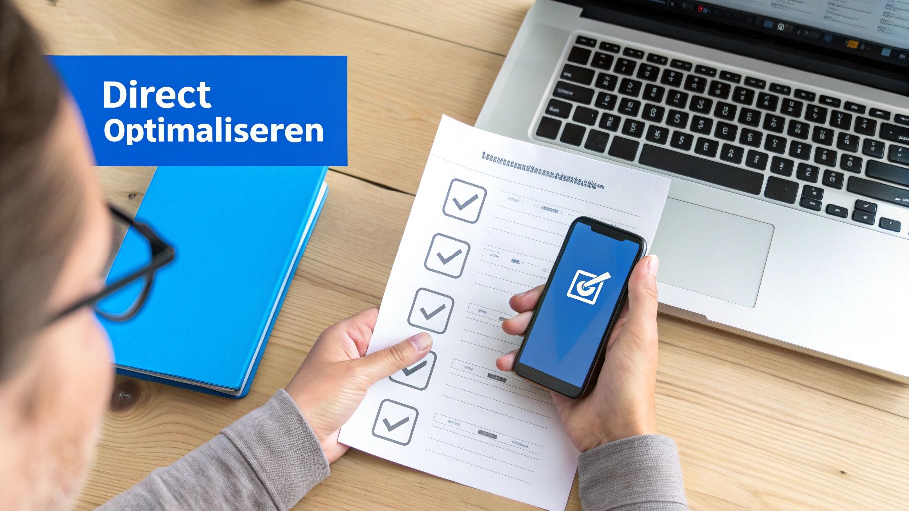 Persoon optimaliseert takenlijst met smartphone en papieren checklist, naast laptop en blauwe map op bureau.