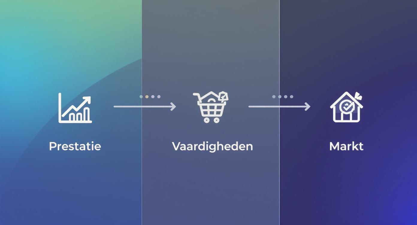 Een schematische weergave van een proces met drie stappen: Prestatie, Vaardigheden en Markt, verbonden door pijlen.