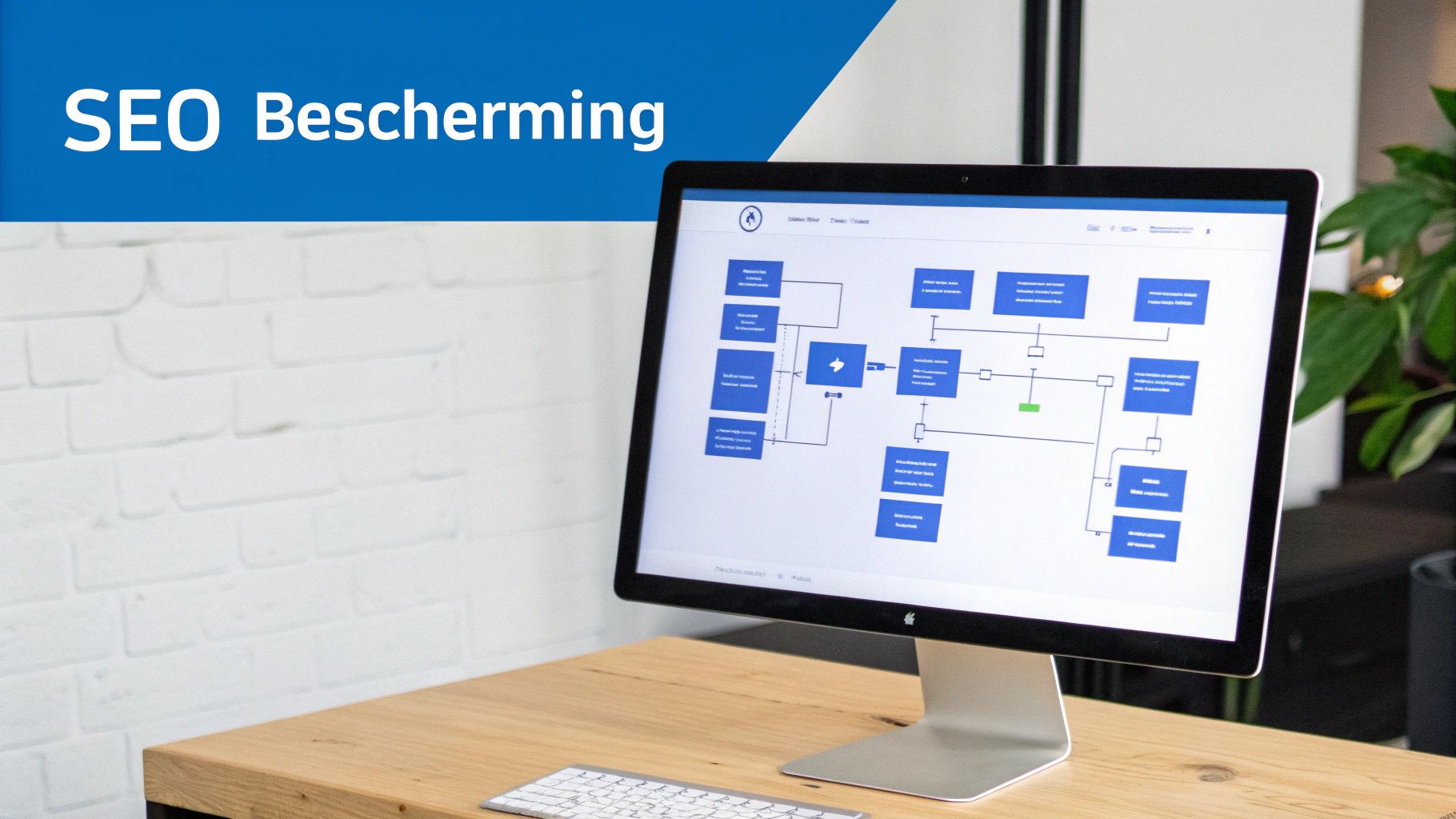 Een computer toont een gedetailleerd stroomschema over SEO bescherming, geplaatst op een houten bureau.