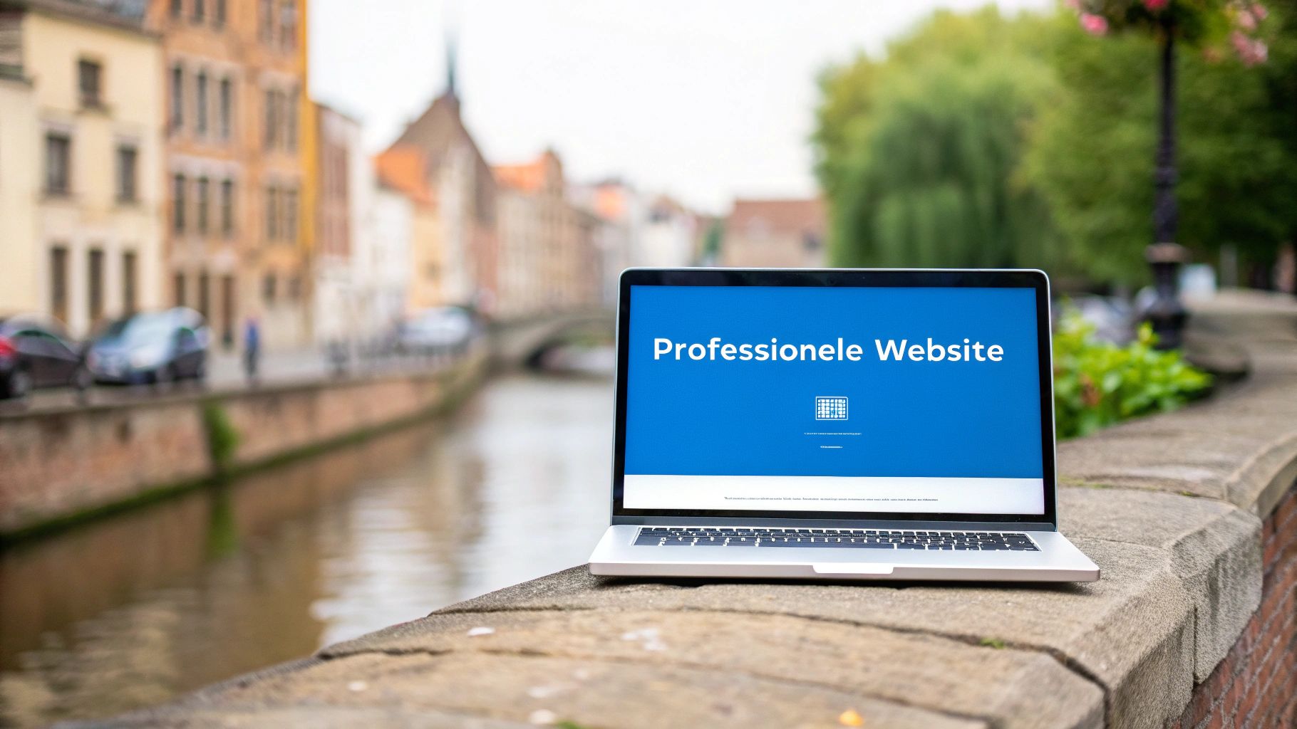 Laptop met 'Professionele Website' op het scherm, langs een kanaal met historische gebouwen op de achtergrond.