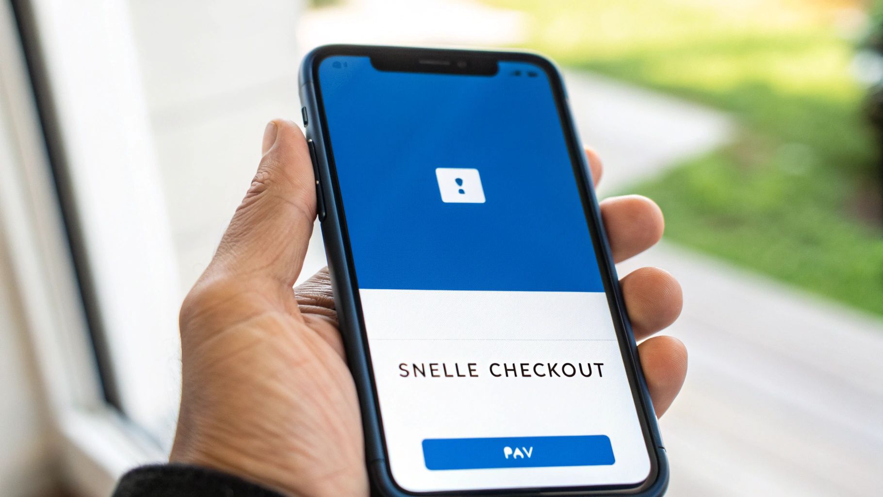 Close-up van hand die smartphone met snelle checkout betaalapp vasthoudt.