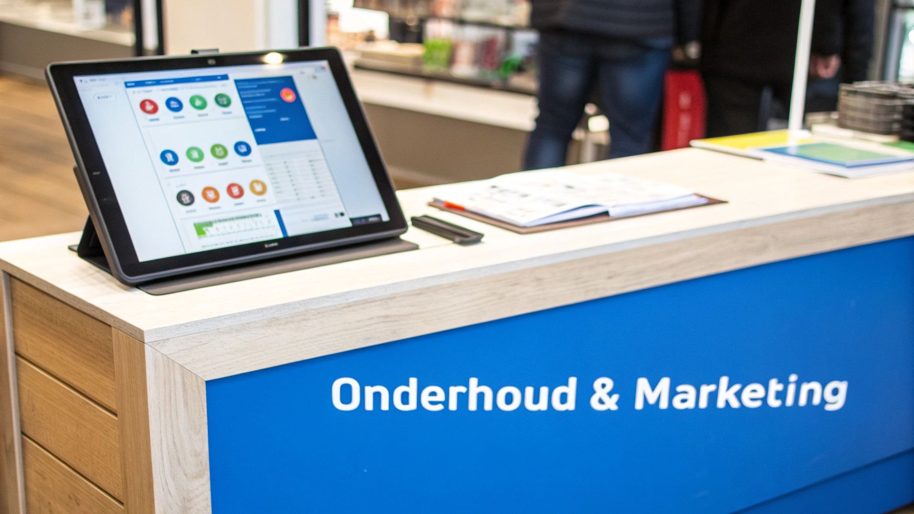 Tablet op een balie met een software-interface, naast een pen en een open boek. De balie toont 'Onderhoud & Marketing'.