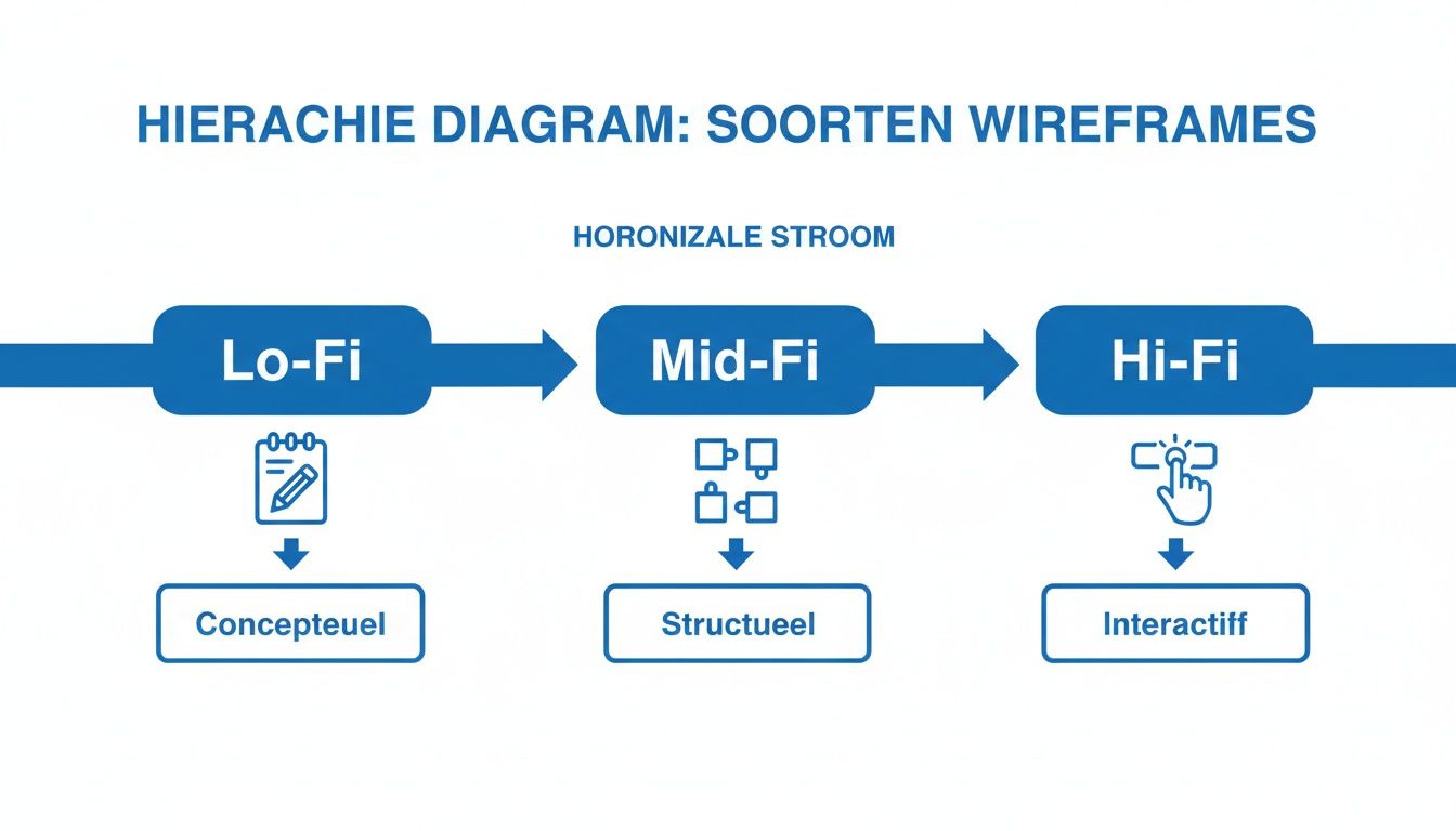 Hierarchie diagram van verschillende soorten wireframes, van Lo-Fi (Conceptueel) tot Hi-Fi (Interactief).
