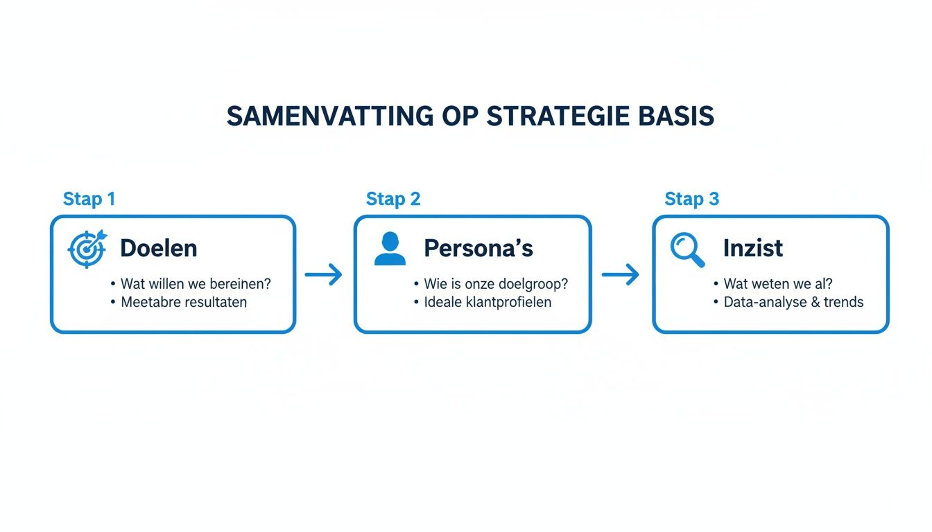 Overzicht van een strategieproces in 3 stappen: doelen, persona's en inzicht voor online marketing.