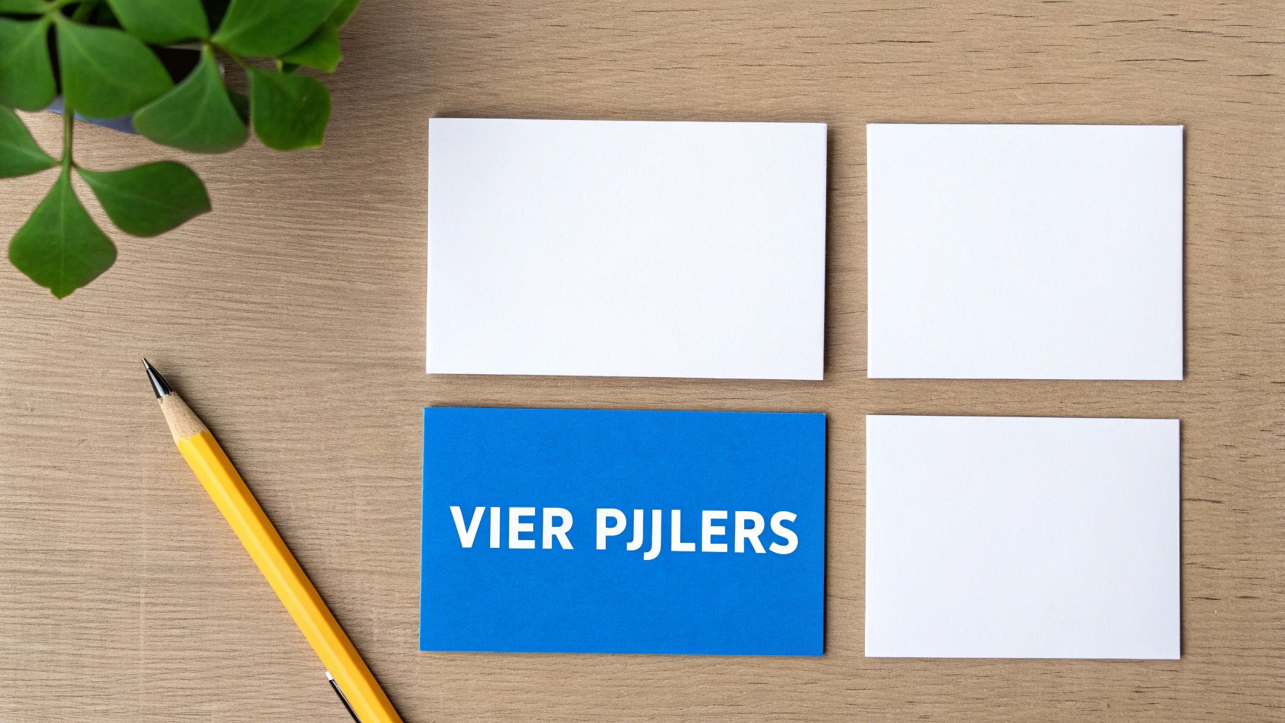 Een blauwe kaart met 'VIER PIJLLERS' ligt op een houten bureau, omringd door lege witte kaarten, een potlood en een plant.