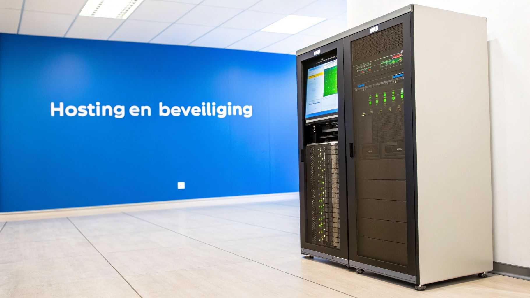Twee serverkasten in een datacenterrruimte met een blauwe muur en de tekst 'Hosting en beveiliging'.