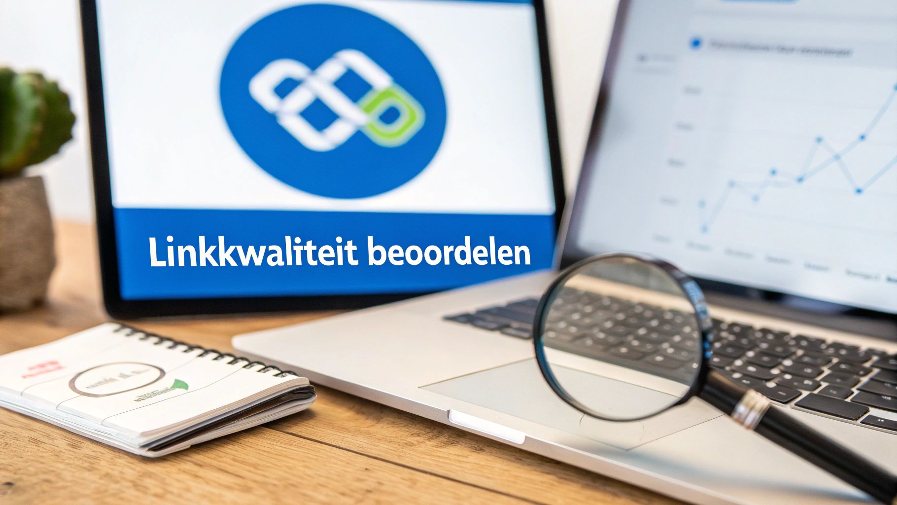Een bureau met een tablet waarop 'Linkkwaliteit beoordelen' staat, een laptop met grafieken en een vergrootglas.