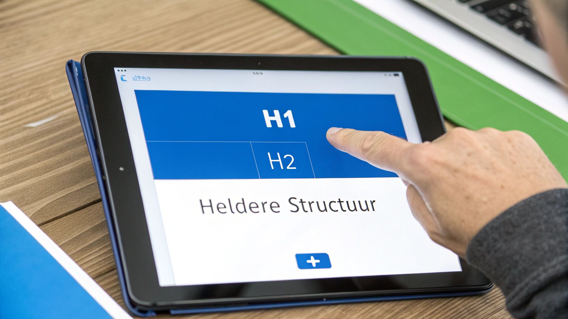 Een hand tikt op een tablet die 'H1', 'H2' en 'Heldere Structuur' toont voor duidelijke content.