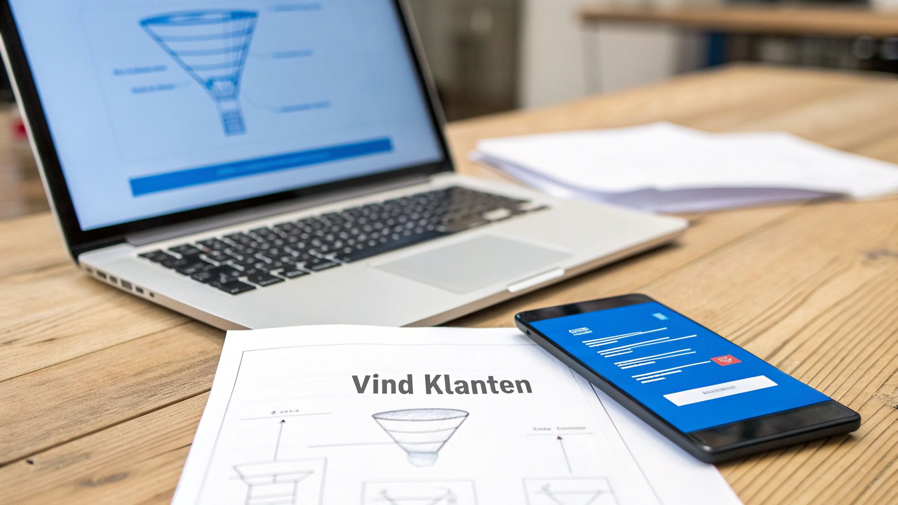 Een laptop, document 'Vind Klanten' en smartphone op een houten bureau, gericht op verkoopfunnels.